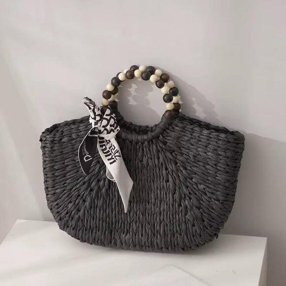 Handmade Woven Straw Bag with Wooden Bead Handles | Vacation Beach Bag| Gift - Picture 2 of 10